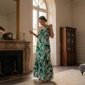 Adrianna Papell Green One‑Shoulder Floral Maxi Dress Size 16 NWT Side Zip